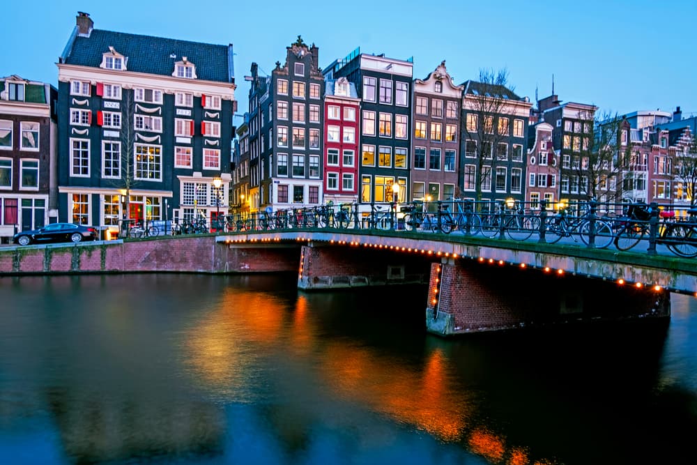 City scenic from Amsterdam in the Netherlands at sunset