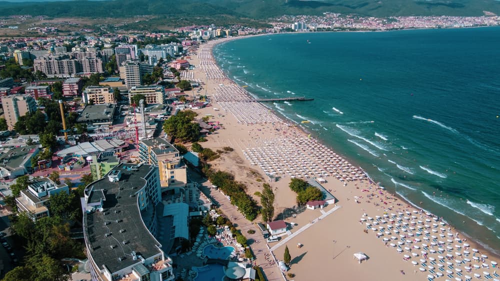 Sunny Beach, Burgas, Bulgaria - Aerial photo above tourist destination on the Bulgarian Black Sea coast. 2020