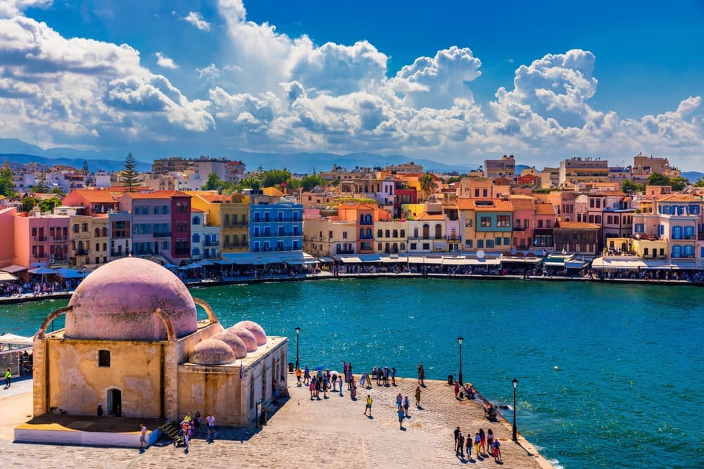 Picturesque old port of Chania. Landmarks of Crete island. Greece. Bay of Chania at sunny summer day, Crete Greece. View of the old port of Chania, Crete, Greece. The port of chania, or Hania.