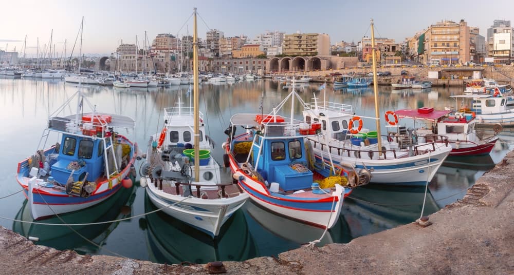 View of Heraklion Venetian Harbor with boats in Heraklion Greece