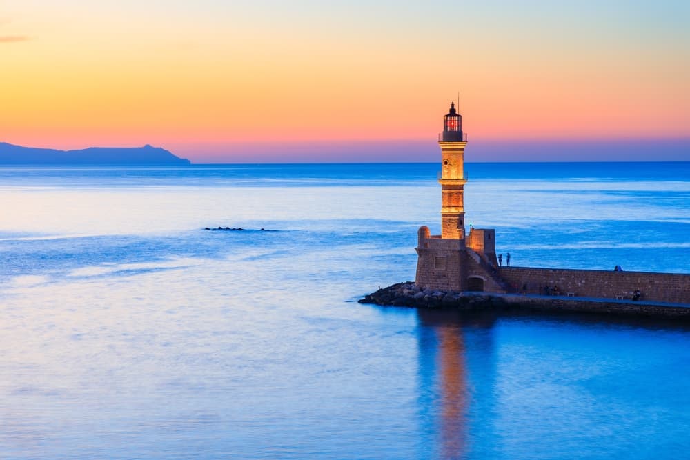 Crete island, Greece. Chania lighthouse at the port.