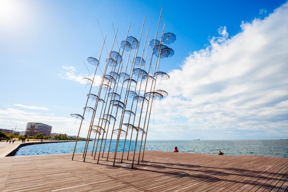 The sculpture Umbrellas by George Zongolopoulos are located at the New Beach in Thessaloniki, Greece