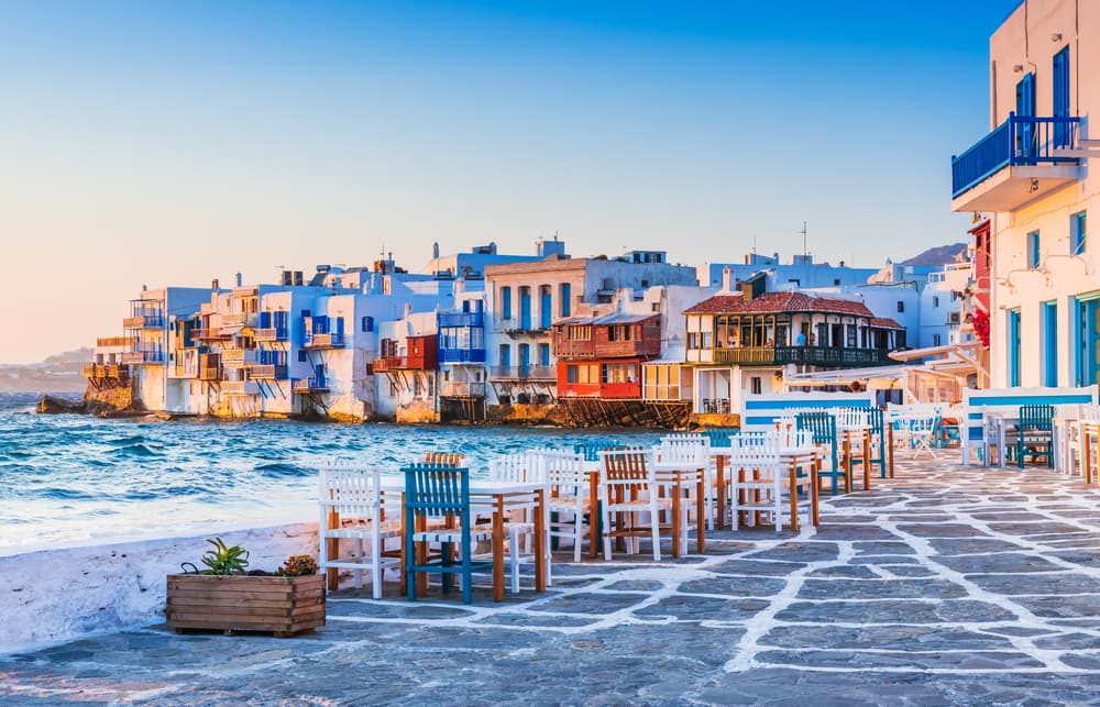 Mykonos, Greece. Waterfront in Little Venice, Mykonos at sunset.