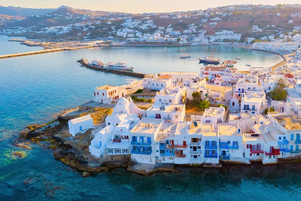 Drone view of Mykonos Greek village in Greece. Little Venice Mykonos town drone aerial view
