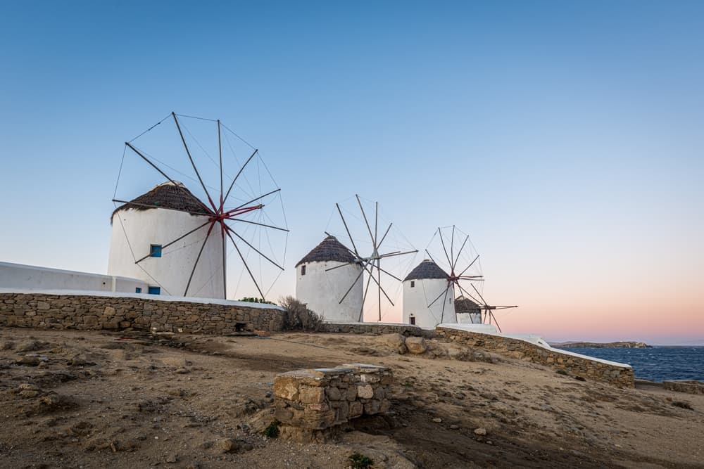 Mykonos windmills, an iconic feature of the Greek island of Mykonos in Cyclades Archipelago, Aegean Sea, Greece.