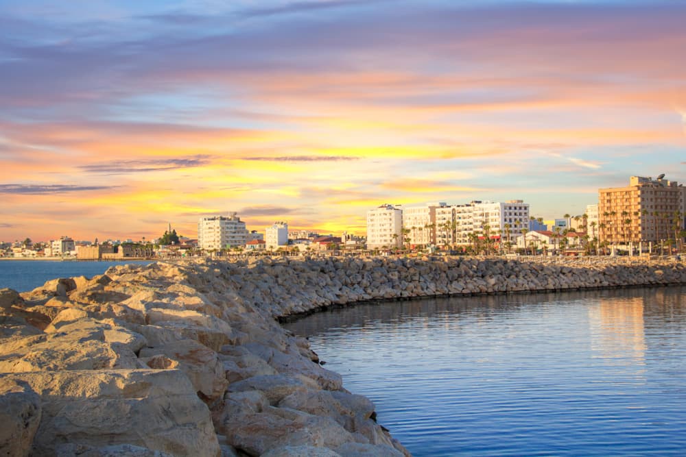 Beautiful view of the main street of Larnaca and Phinikoudes beach in Cyprus