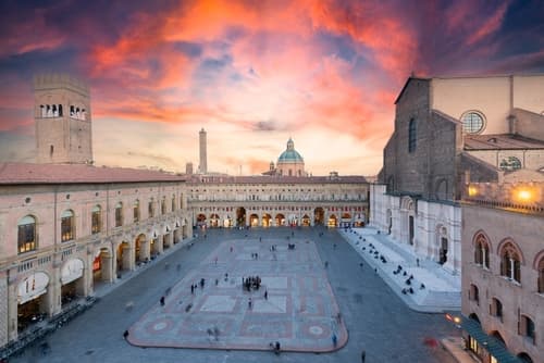 Bologna. Medieval city in Emilia Romagna in Italy Europe. Art and culture. Tourists from all over the world for Piazza Maggiore, Via Indipendenza, the leaning towers and the oldest university